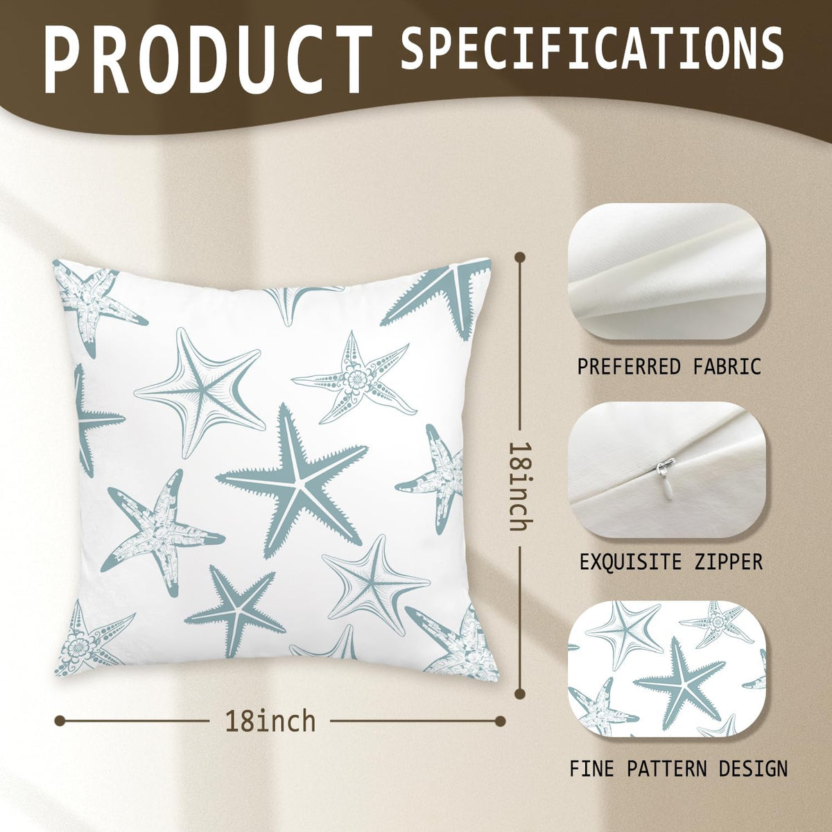 Blue Coastal Beach Starfish Pillow Covers Pillowcases 18x18. Beach House Decor. Coastal Granddaughter Room Decor